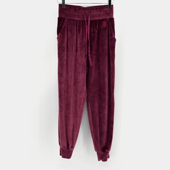 VICTORIAS SECRET‎ Pants Womens XS Maroon Velour Quilted Joggers Loungewear Comfy - Picture 1 of 9